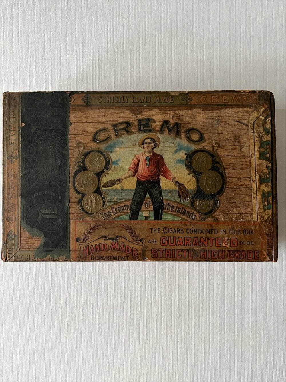Antique Cremo Perfectos Wooden Cigar Box Hand Made Dept Acker Merrall NY c.1900